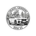 Gravel Grinders round line-art badge: luxury SUV with gravel bike on roof rack among pines