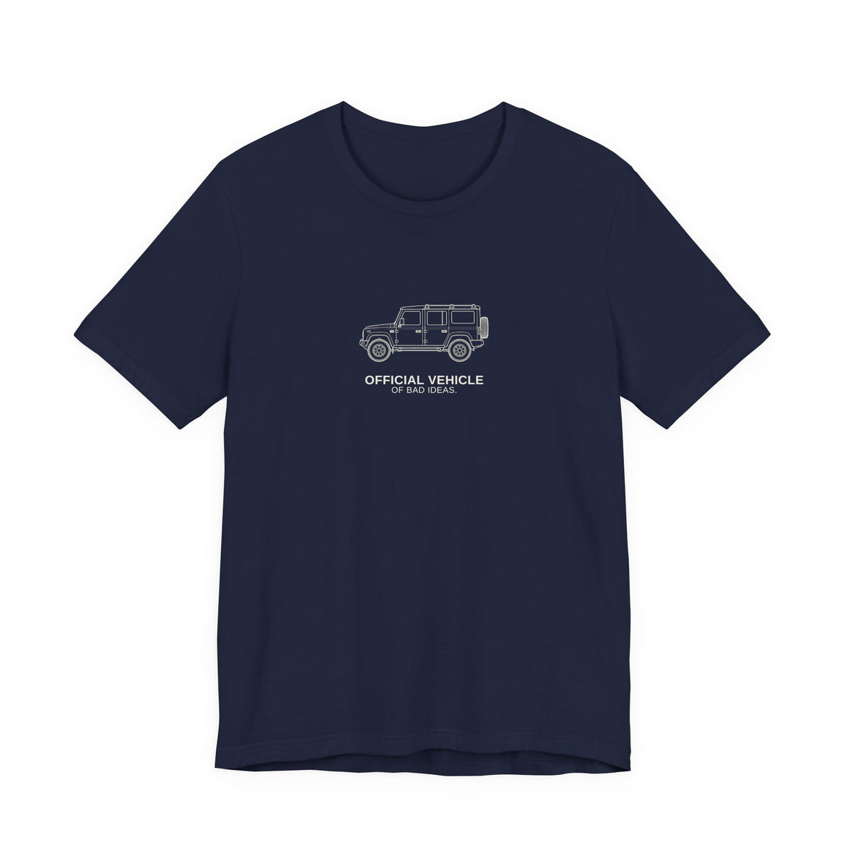 Tee with full-chest boxy 4x4 and bad-ideas joke lettering, Navy