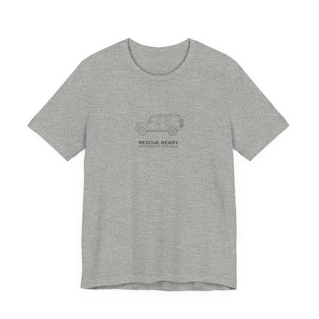 Tee with full-chest boxy 4x4 and RESCUE-READY. GEOGRAPHY OPTIONAL. lettering, Athletic Heather