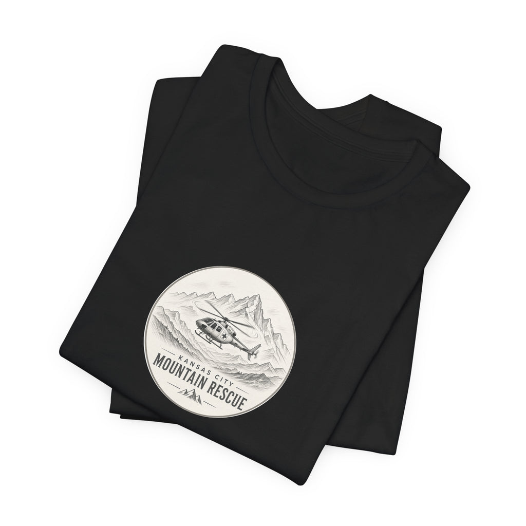 Tee with Kansas City Mountain Rescue round badge: helicopter over mountain line art – view 9