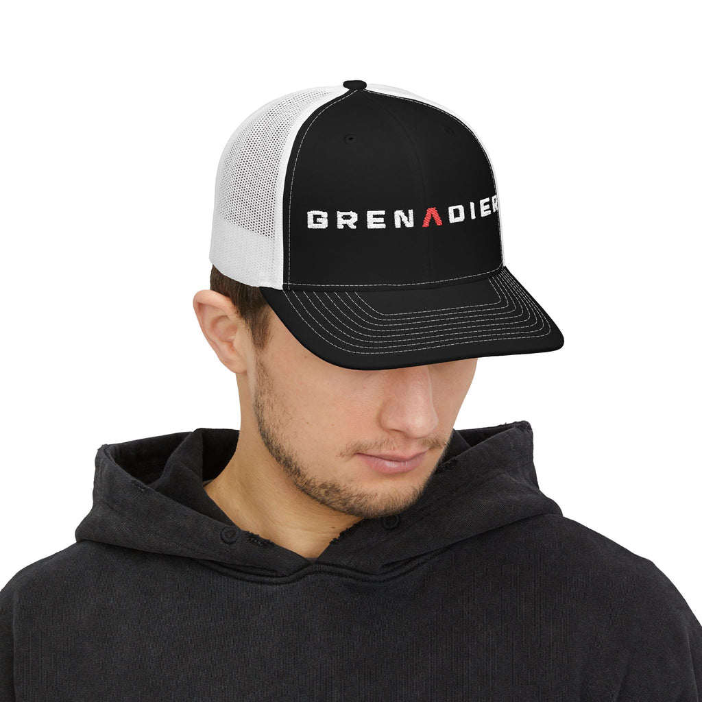 Dark snapback trucker hat with embroidered GRENADIER wordmark and red Λ – view 7