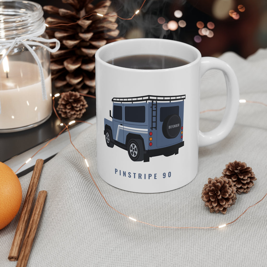 White 11 oz mug: slate-blue boxy 90 4x4 in rear three-quarter view with roof rack; PINSTRIPE 90 lettering – view 3