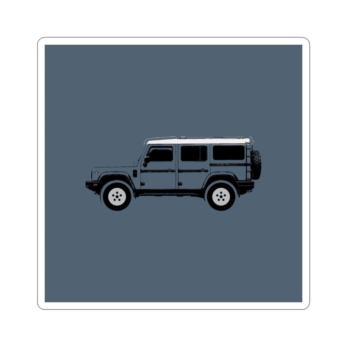 Kiss-cut sticker: Shale Blue boxy 4x4 side profile with a white roof