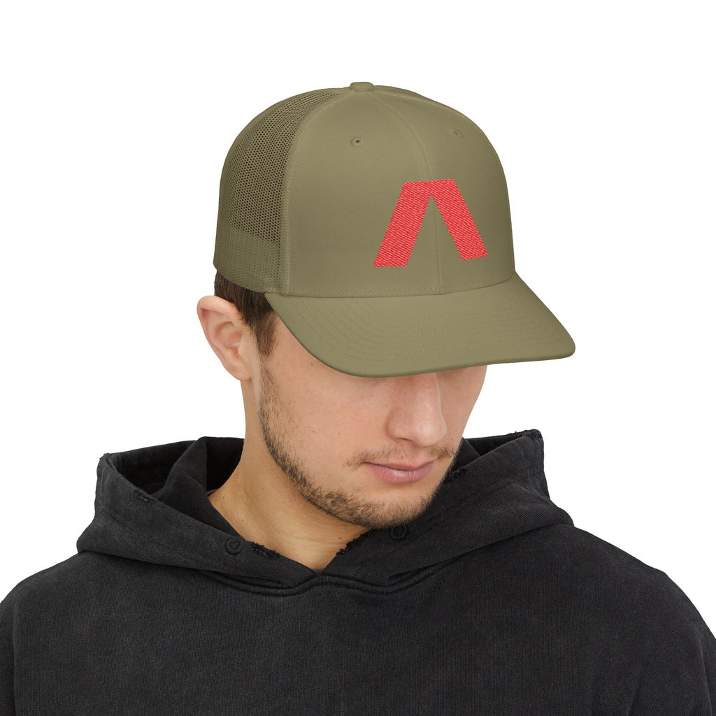 Dark snapback trucker hat with large red Λ embroidered on front – view 19