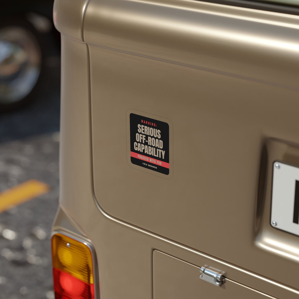 Warning: Serious Off-Road Capability die-cut sticker: a warning-label design reading WARNING: SERIOUS OFF-ROAD CAPABILITY with a red PROCEED WITH FUN band – view 6