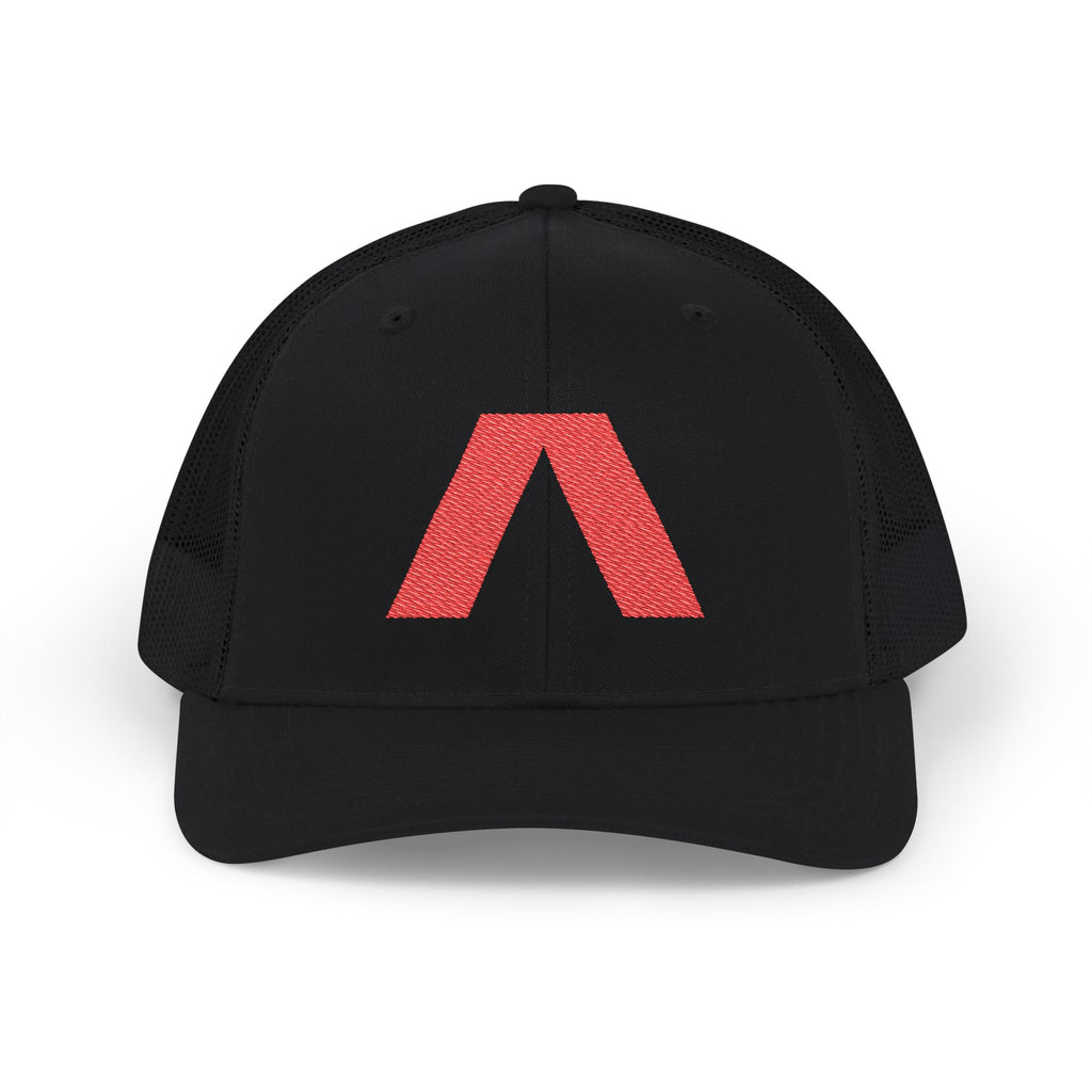 Dark snapback trucker hat with large red Λ embroidered on front, Black