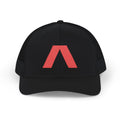 Dark snapback trucker hat with large red Λ embroidered on front, Black