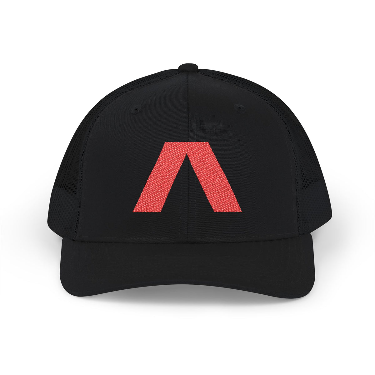 Dark snapback trucker hat with large red Λ embroidered on front, Black