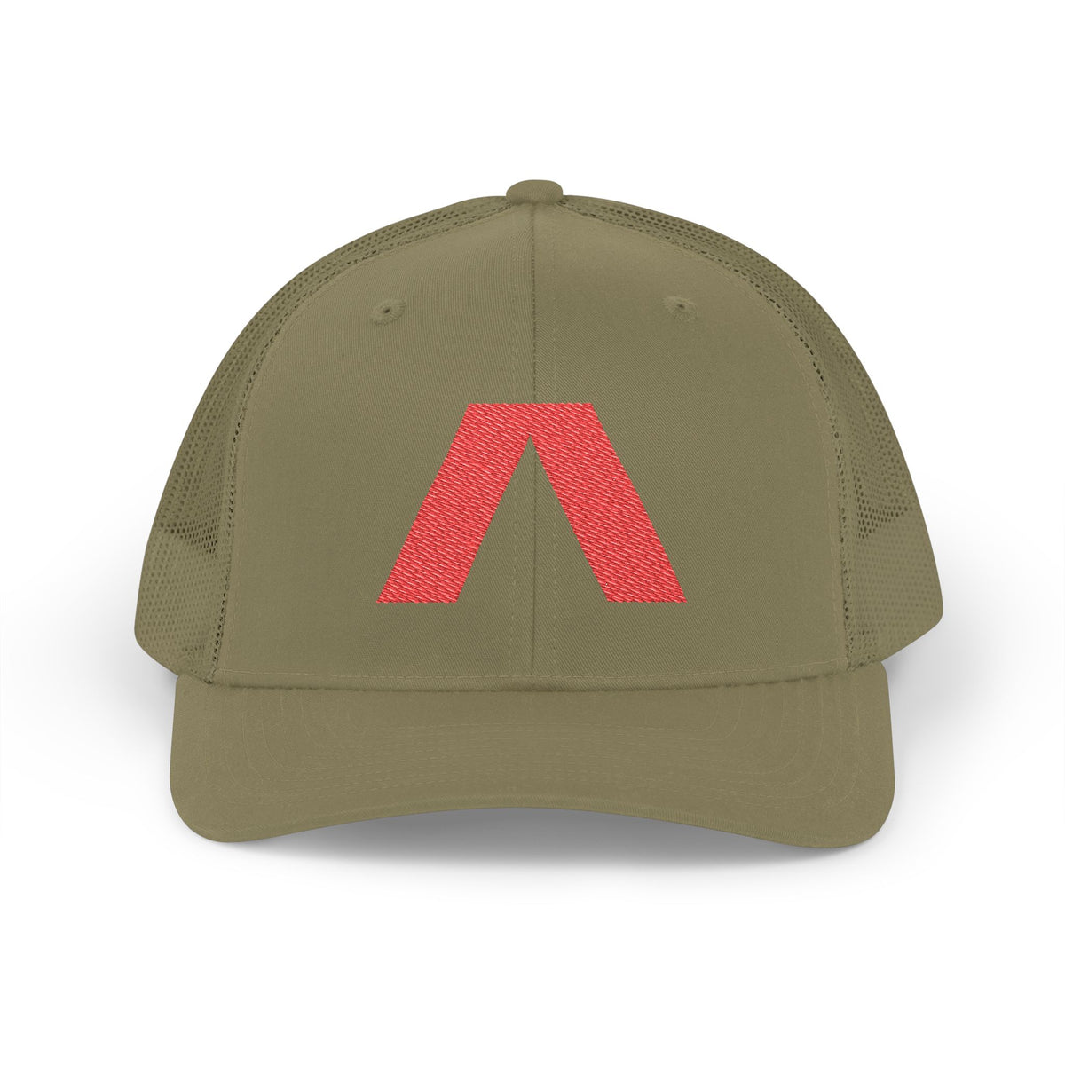 Dark snapback trucker hat with large red Λ embroidered on front, Loden