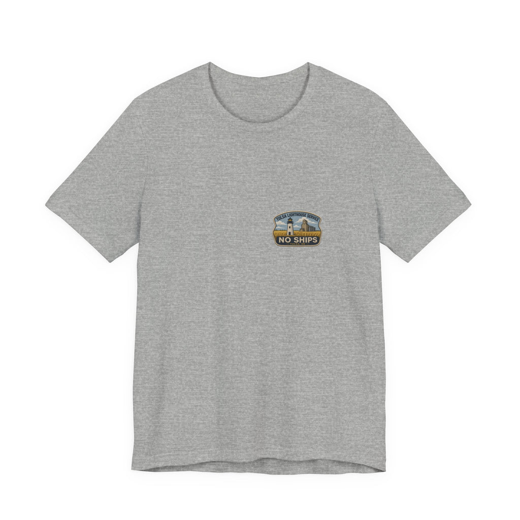 Tee with left-chest Tulsa Lighthouse Service fake rescue patch, Athletic Heather