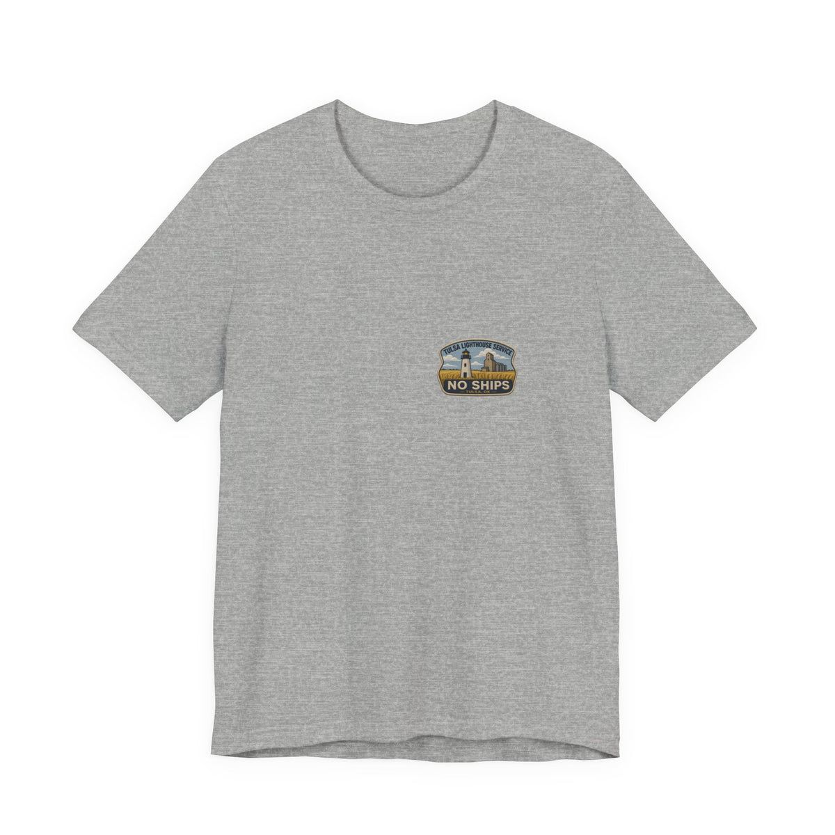 Tee with left-chest Tulsa Lighthouse Service fake rescue patch, Athletic Heather