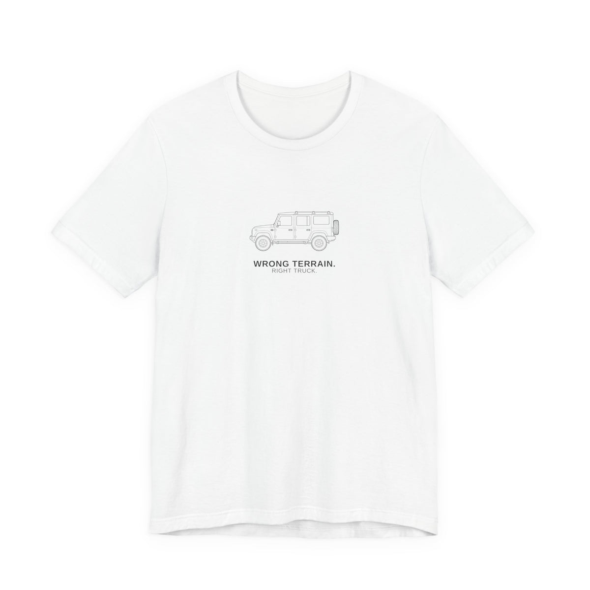 Tee with full-chest boxy 4x4 and WRONG TERRAIN. RIGHT TRUCK. lettering, White