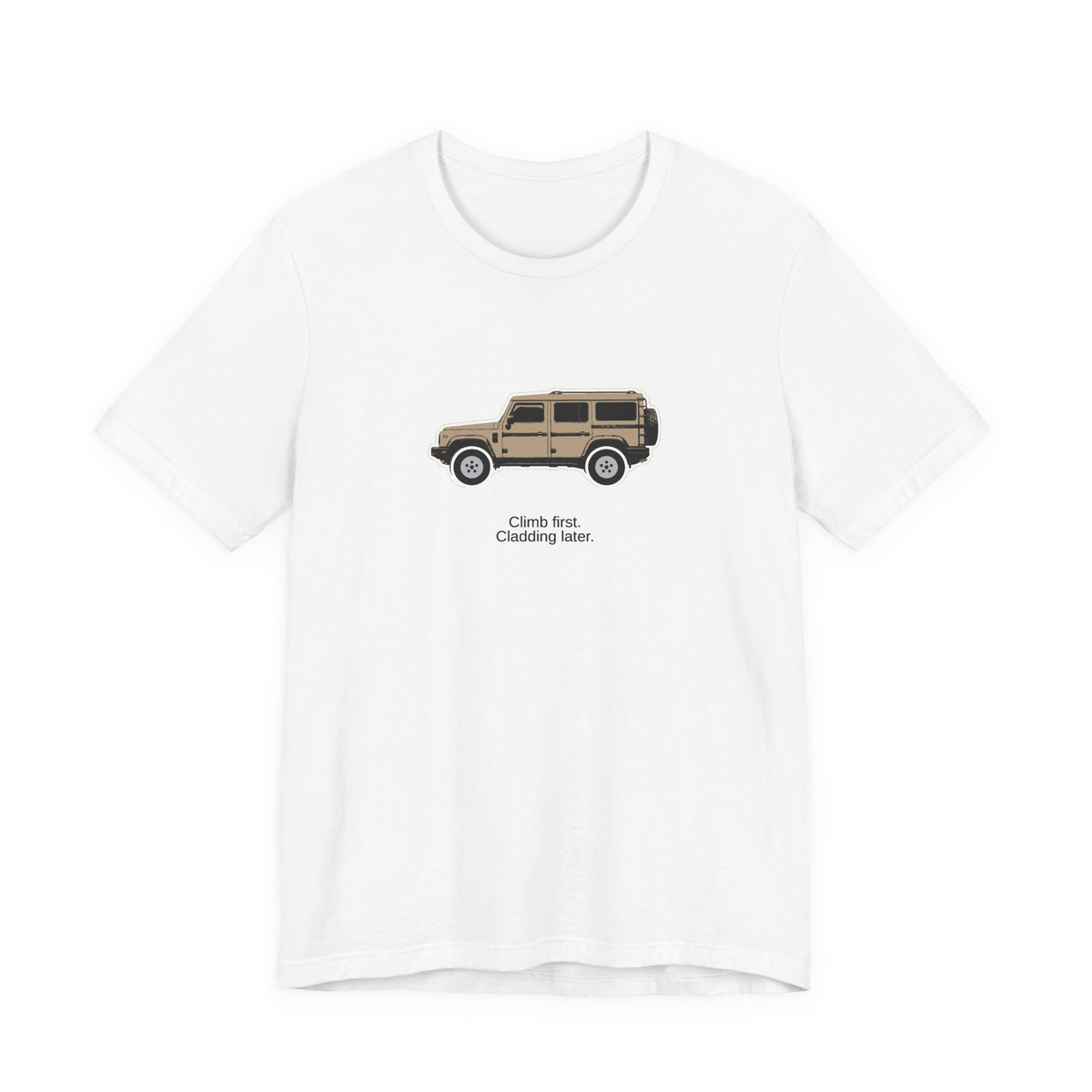 Tee: Magic Mushroom boxy 4x4 in side profile on white field, "Climb first. Cladding later." lettering under the truck, White