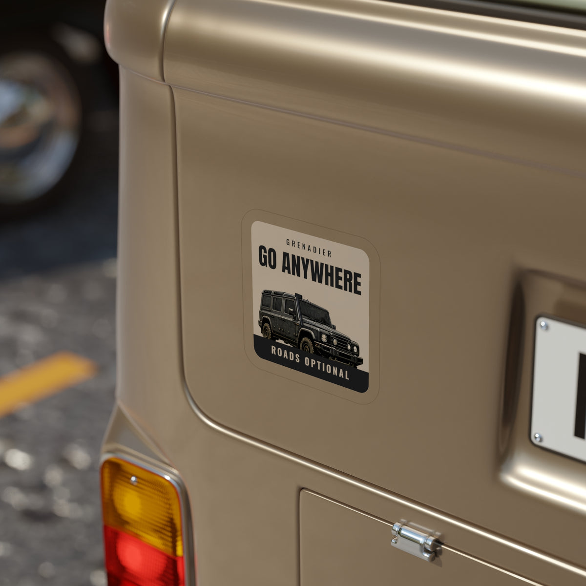 Go Anywhere / Roads Optional die-cut sticker: a black 4x4 wagon on a cream badge with GO ANYWHERE up top and a ROADS OPTIONAL footer – view 8