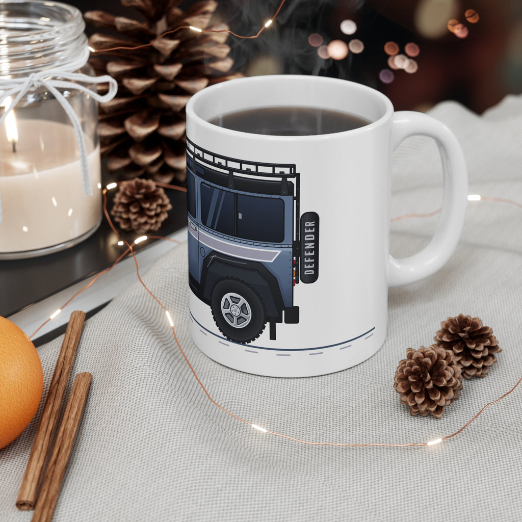 White 11 oz mug wrapped with slate-blue boxy 90 4x4 in side profile, pinstripes and roof rack – view 4