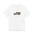 Tee: Magic Mushroom boxy 4x4 in side profile on white field, "Sketched on a fiver." lettering under the truck, White