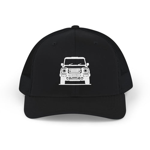 Richardson trucker hat with embroidered front-view boxy 4x4 mark, Black
