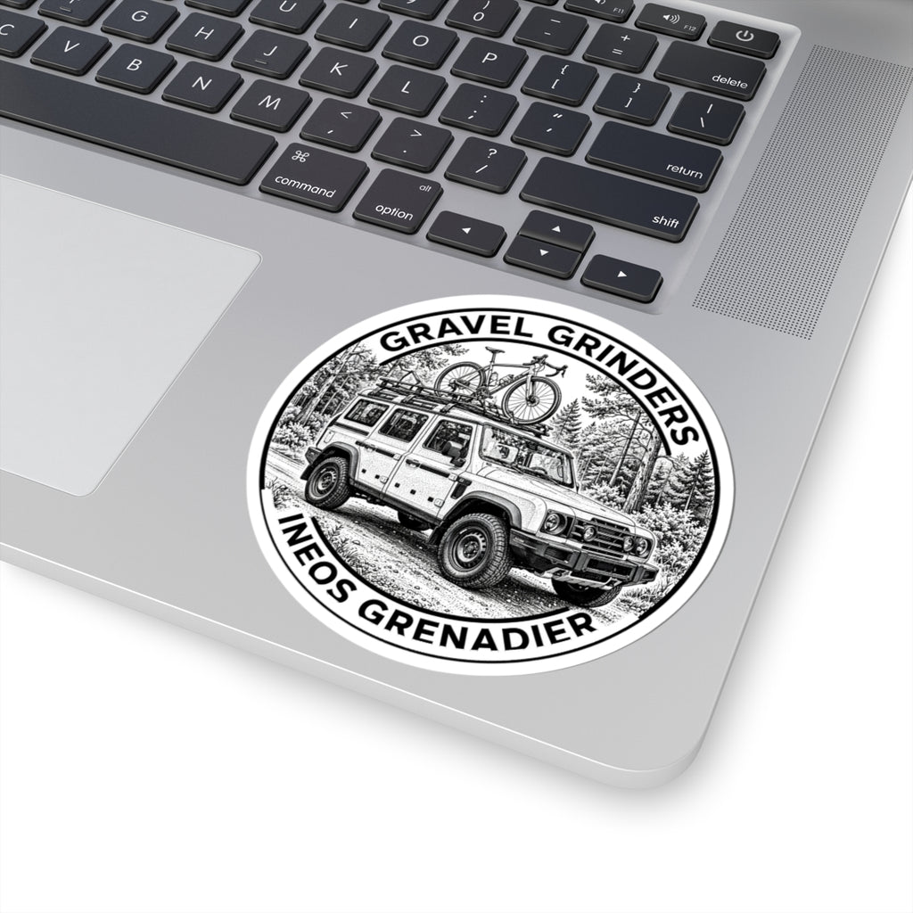 Gravel Grinders round line-art badge: boxy 4x4 with gravel bike on roof rack among pines – view 5