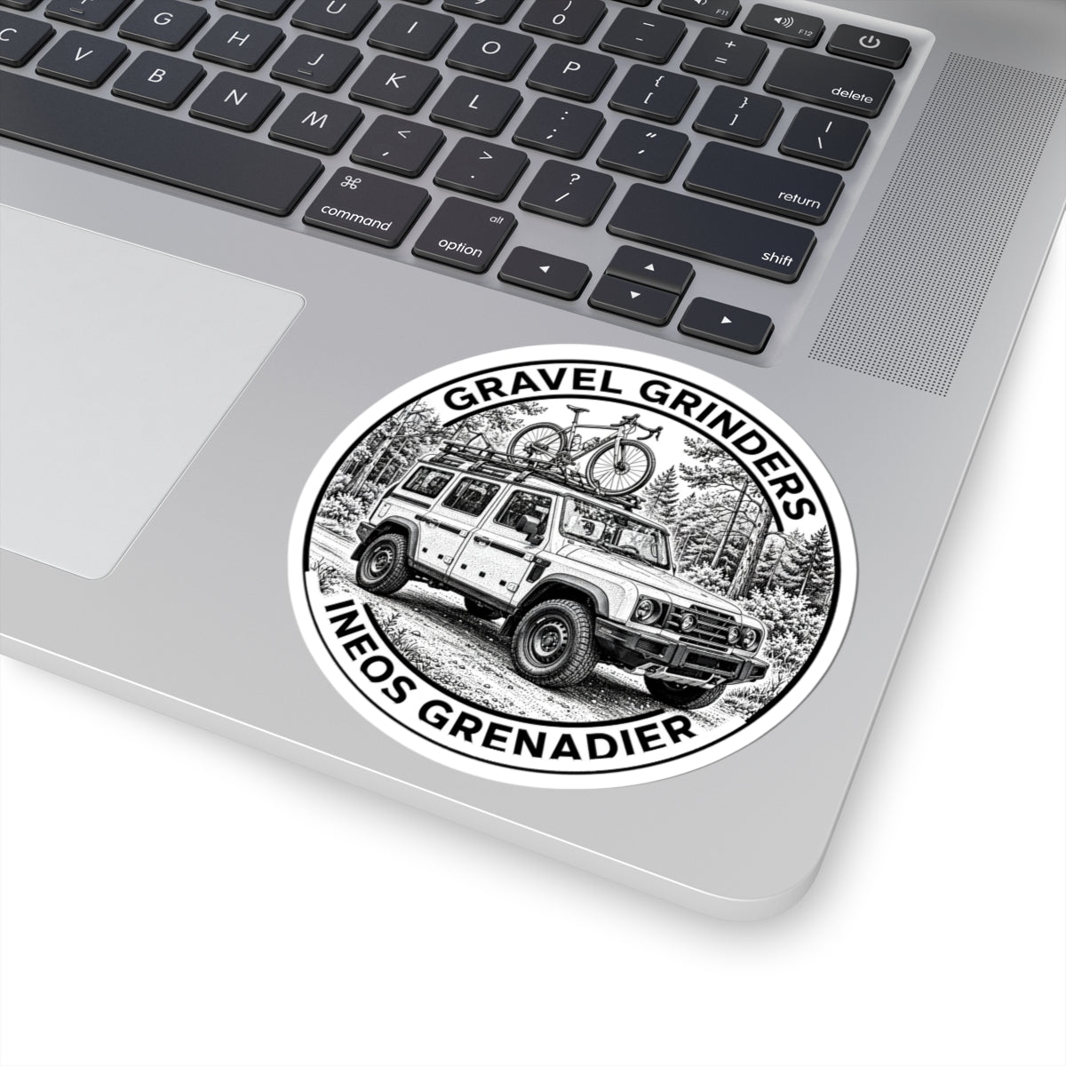Gravel Grinders round line-art badge: boxy 4x4 with gravel bike on roof rack among pines – view 5