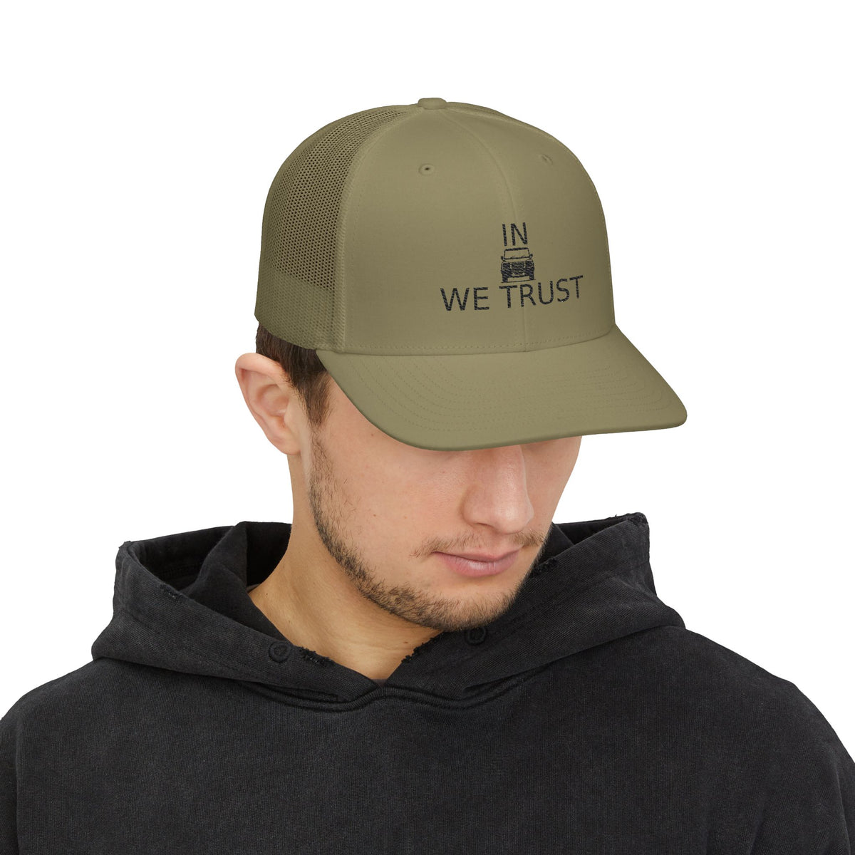 Richardson trucker hat with embroidered IN WE TRUST lockup, front-view boxy 4x4 between the words – view 19