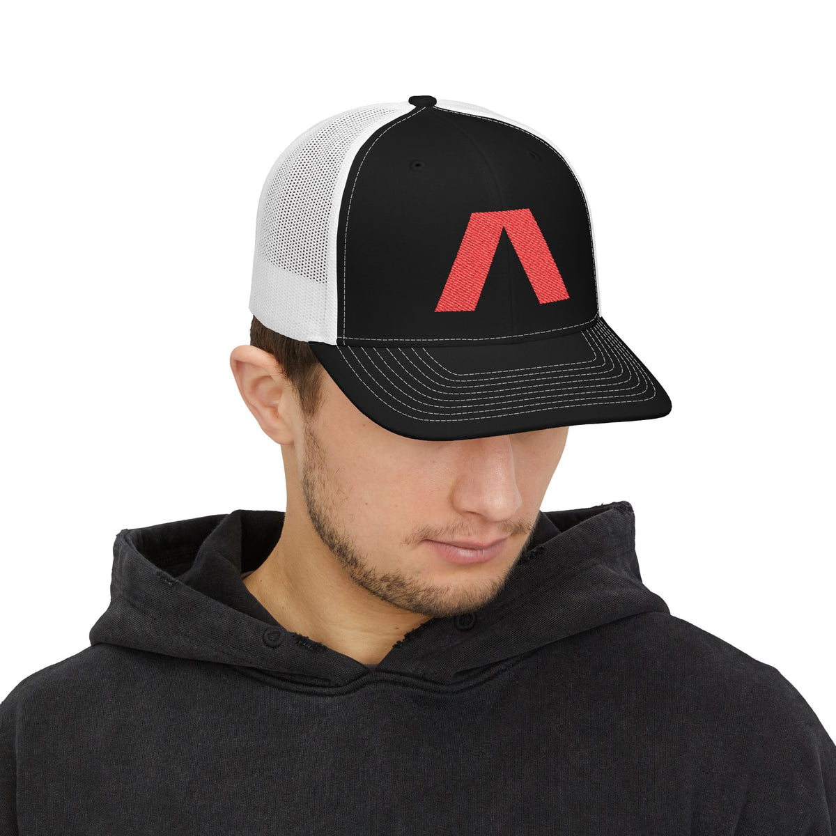 Dark snapback trucker hat with large red Λ embroidered on front – view 7