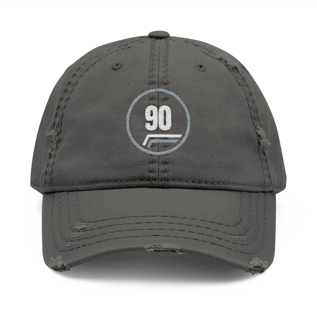 Distressed charcoal grey dad cap with embroidered white 90 roundel and pinstripe flick, Charcoal Grey