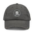 Distressed charcoal grey dad cap with embroidered white 90 roundel and pinstripe flick, Charcoal Grey