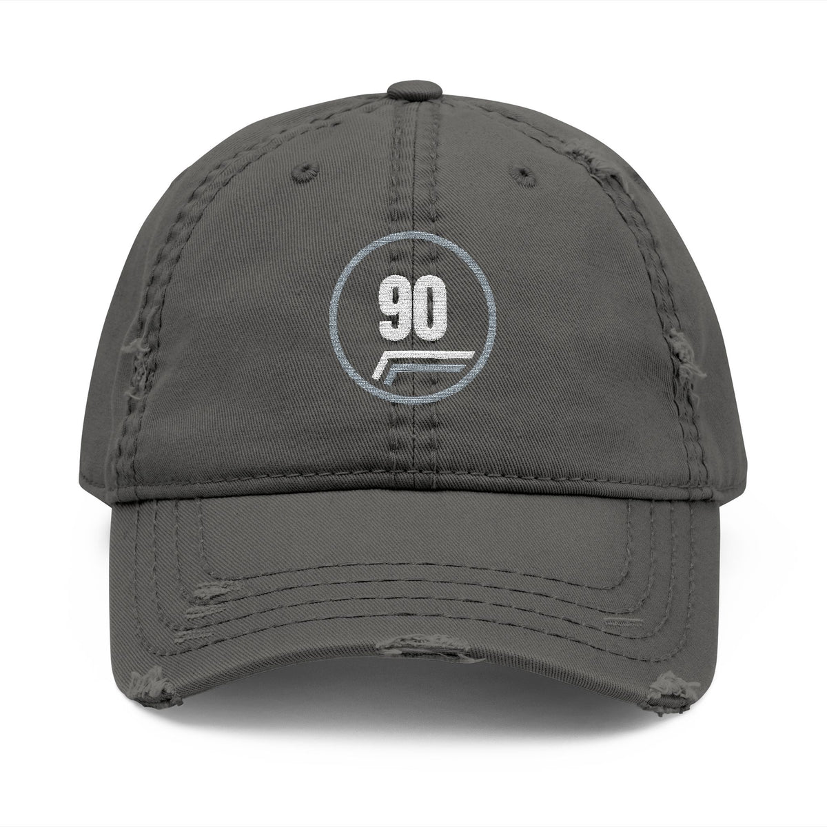 Distressed charcoal grey dad cap with embroidered white 90 roundel and pinstripe flick, Charcoal Grey