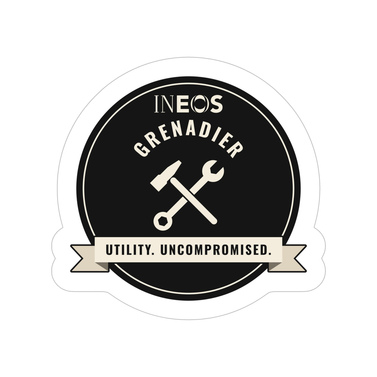 Die-cut sticker with INEOS GRENADIER wordmark and UTILITY. UNCOMPROMISED. tagline