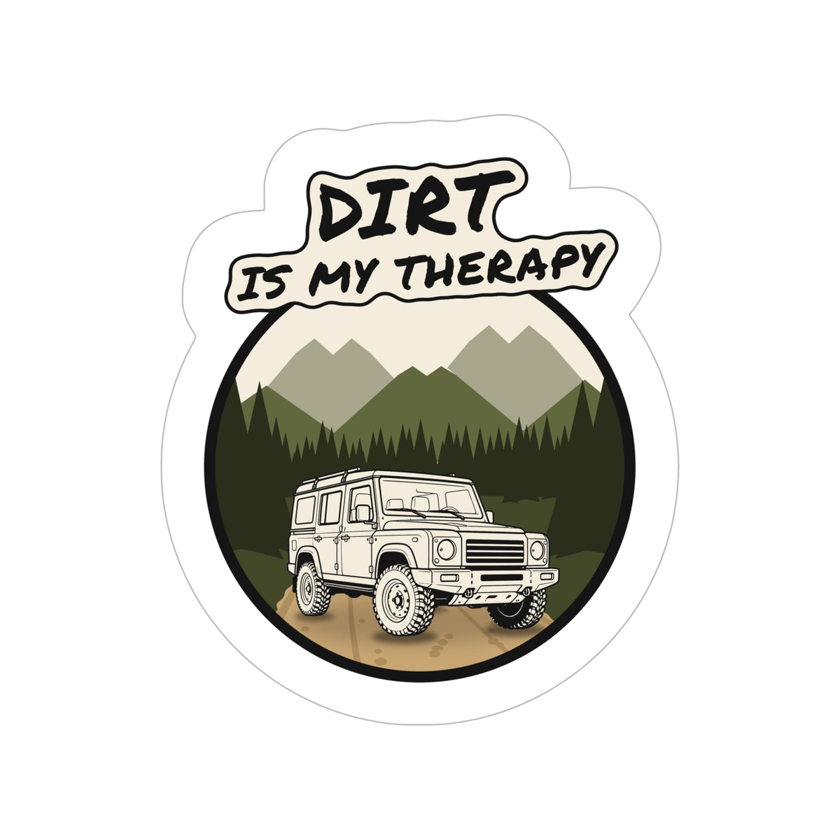 Die-cut trail sticker reading DIRT IS MY THERAPY with GRENADIER lettering – view 3