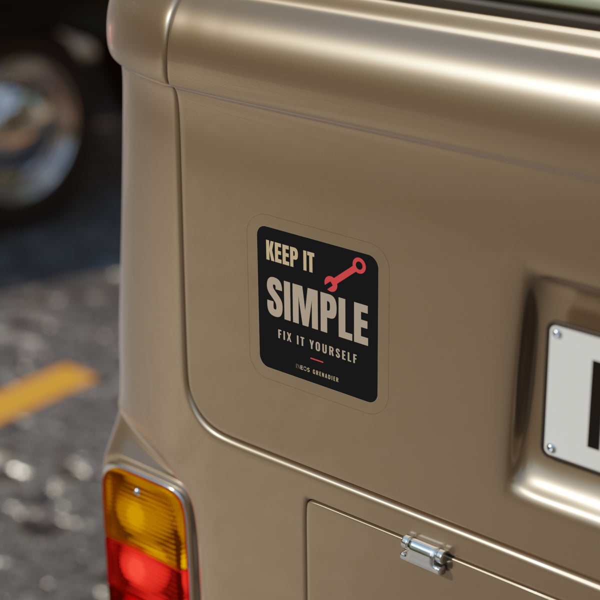 Keep It Simple / Fix It Yourself die-cut sticker: bold KEEP IT SIMPLE lettering, a red wrench and a FIX IT YOURSELF tagline on a black badge – view 8