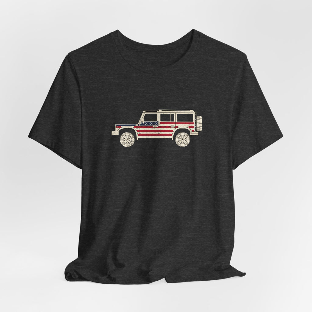 Dark grey heather tee: boxy 4x4 in side profile with Stars and Stripes flag wrap – view 3