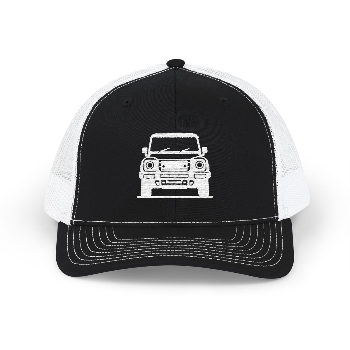 Richardson trucker hat with embroidered front-view boxy 4x4 mark, Black / White