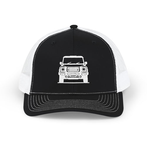 Richardson trucker hat with embroidered front-view boxy 4x4 mark, Black / White