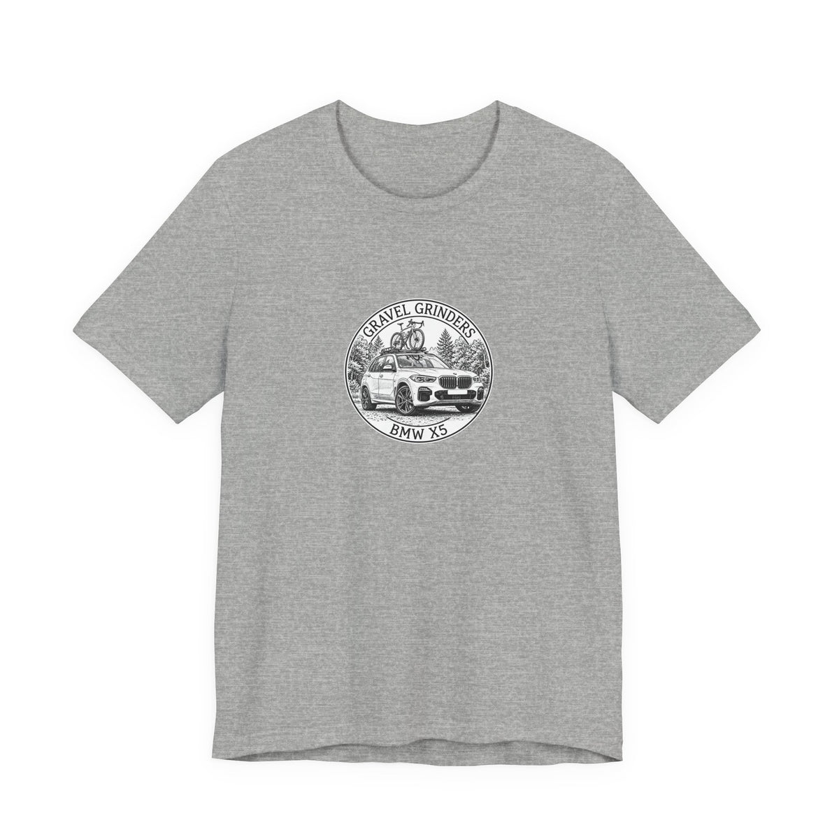 Gravel Grinders round line-art badge: luxury SUV with gravel bike on roof rack among pines on tee, Athletic Heather
