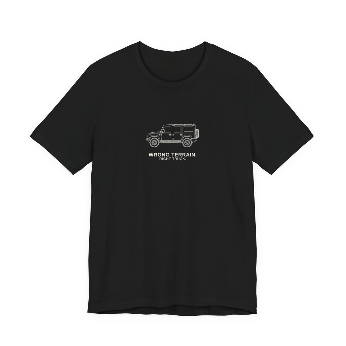 Tee with full-chest boxy 4x4 and WRONG TERRAIN. RIGHT TRUCK. lettering, Black