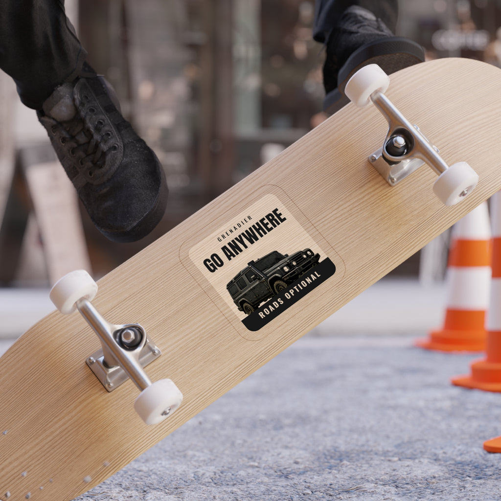 Go Anywhere / Roads Optional die-cut sticker: a black 4x4 wagon on a cream badge with GO ANYWHERE up top and a ROADS OPTIONAL footer – view 9