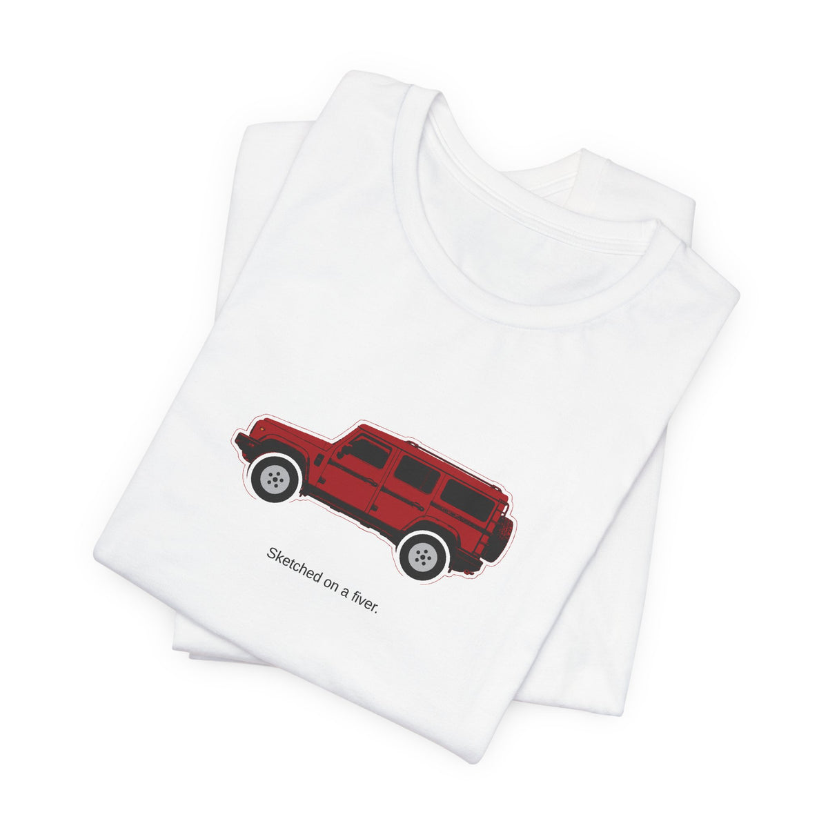 Tee: Devil Red boxy 4x4 in side profile on white field, "Sketched on a fiver." lettering under the truck – view 3