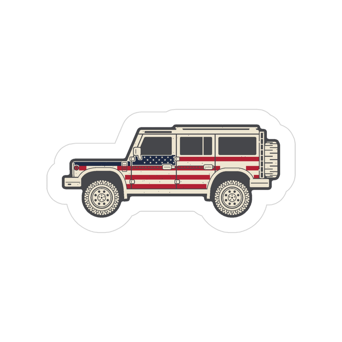 Die-cut sticker: boxy 4x4 side profile with Stars and Stripes flag wrap, white border – view 2