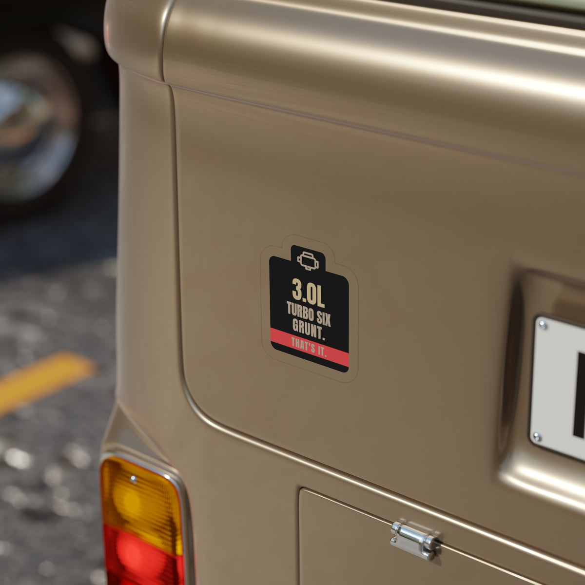 3.0L Turbo Six die-cut sticker: an engine-icon tab over 3.0L TURBO SIX GRUNT. lettering and a red THAT'S IT. band – view 6