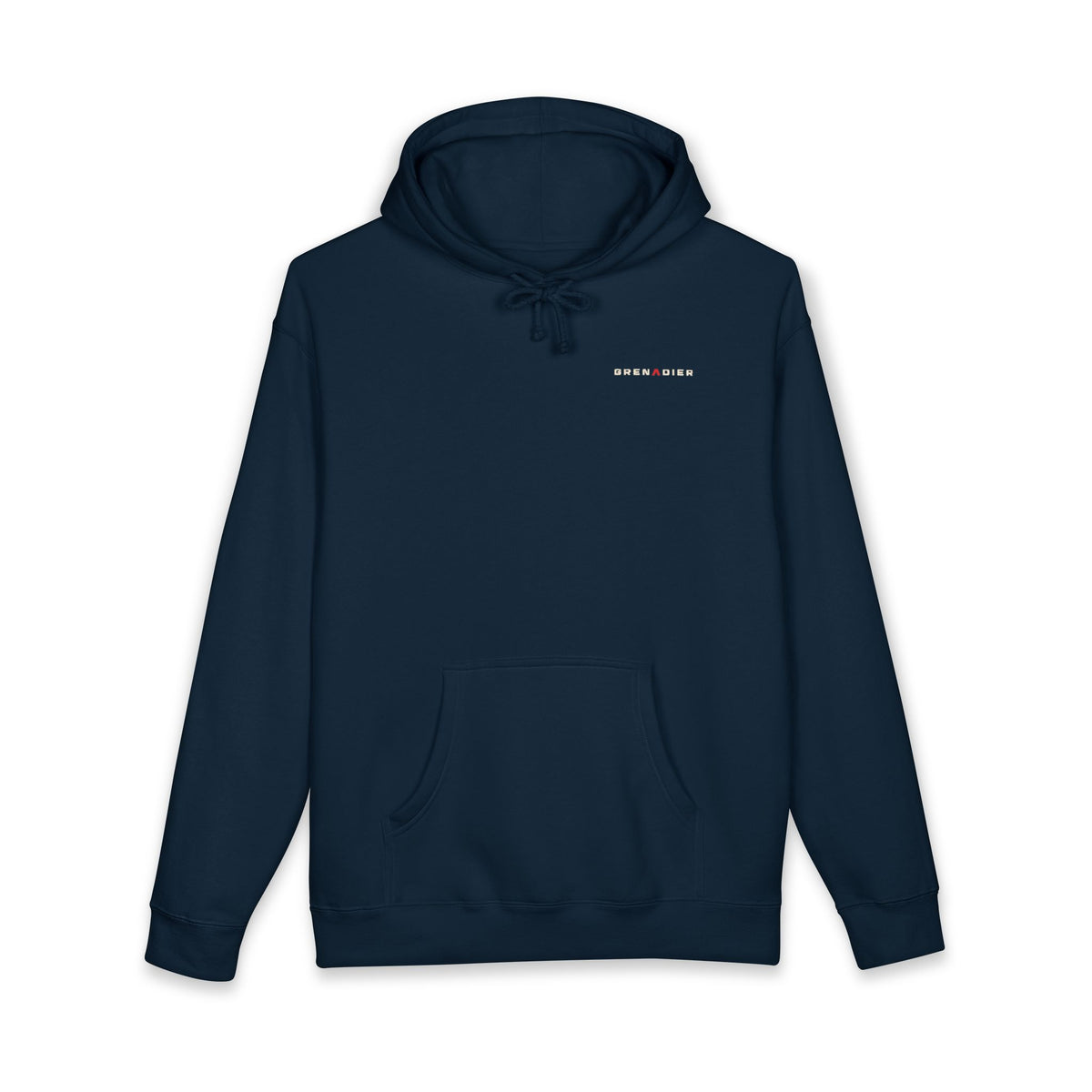 Night Wade heavyweight hoodie back print: boxy 4x4 wading water at night, Navy