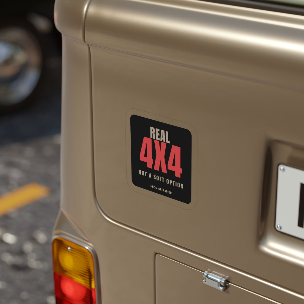 Real 4x4 / Not a Soft Option die-cut sticker: a big red 4X4 under REAL, with a NOT A SOFT OPTION tagline on a black badge – view 8