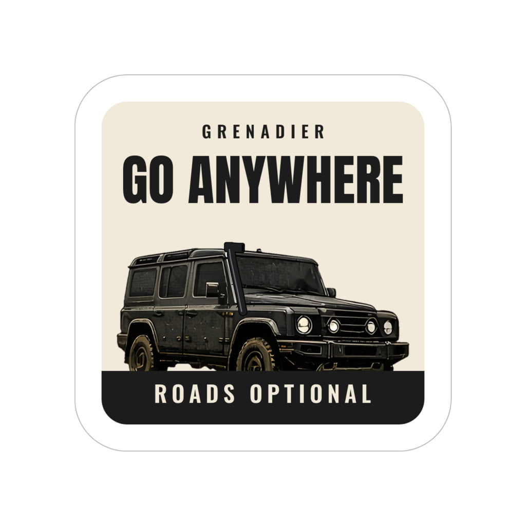 Go Anywhere / Roads Optional die-cut sticker: a black 4x4 wagon on a cream badge with GO ANYWHERE up top and a ROADS OPTIONAL footer