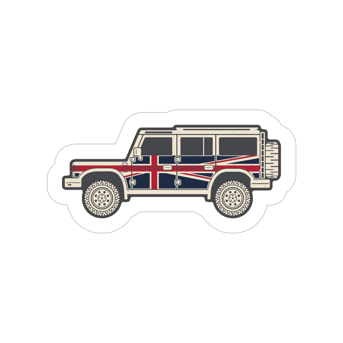 Die-cut sticker: boxy 4x4 side profile with Union Jack flag wrap, white border – view 3