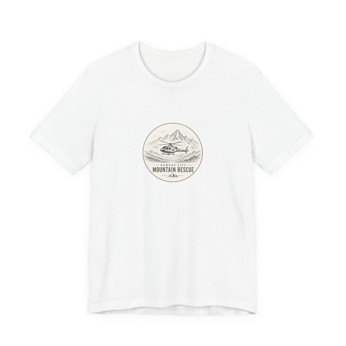 Tee with Kansas City Mountain Rescue round badge: helicopter over mountain line art, White