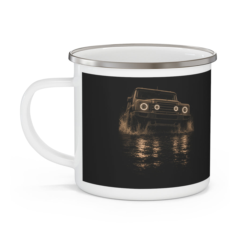 Night Wade white enamel camping mug with boxy 4x4 night-wade print and LIGHTS ON. WATER UP. lettering – view 3