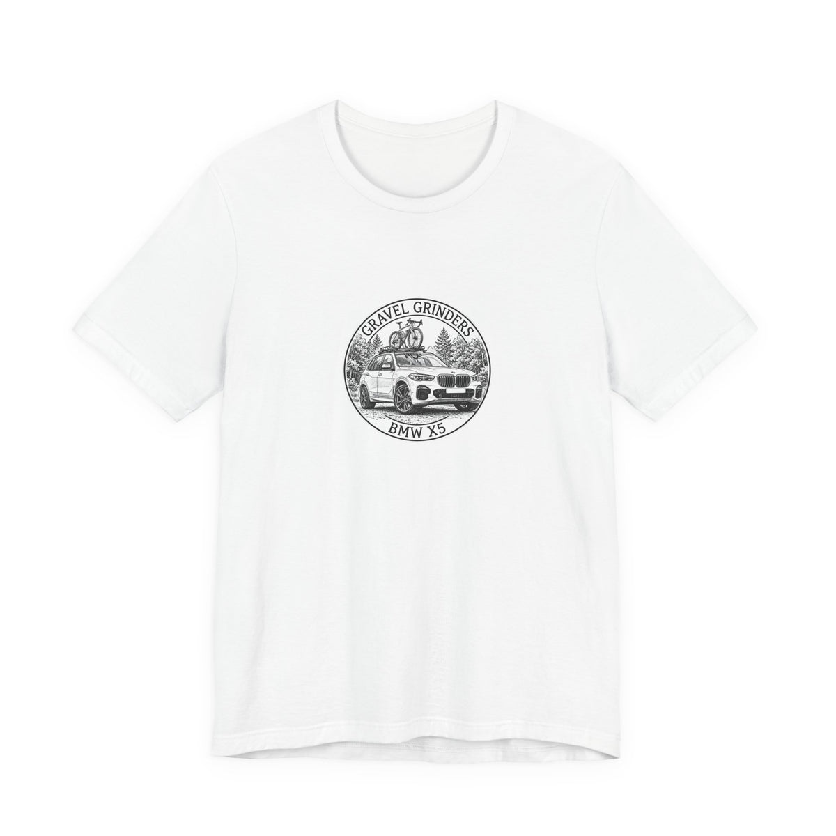 Gravel Grinders round line-art badge: luxury SUV with gravel bike on roof rack among pines on tee, White