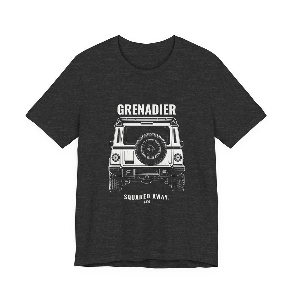 Squared Away tee with rear view boxy 4x4 line art, Bella+Canvas 3001 in Dark Grey Heather, front view