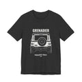 Squared Away tee with rear view boxy 4x4 line art, Bella+Canvas 3001 in Dark Grey Heather, front view