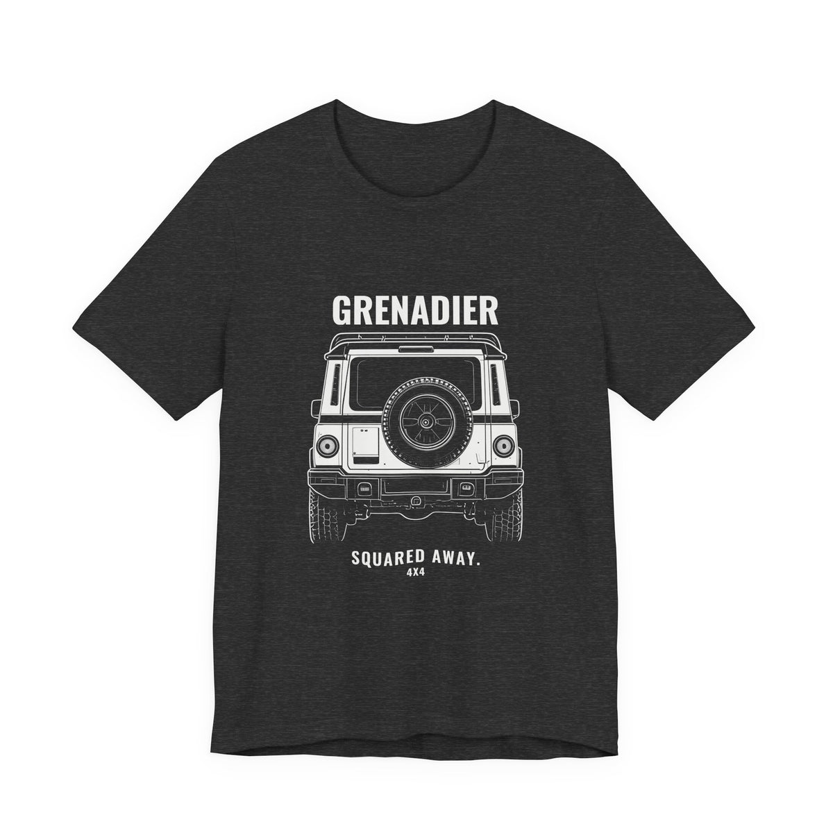 Squared Away tee with rear view boxy 4x4 line art, Bella+Canvas 3001 in Dark Grey Heather, front view